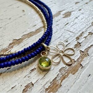Navy Blue Triple Strand Czech Bead Necklace w/ Peridot & Flower Charms